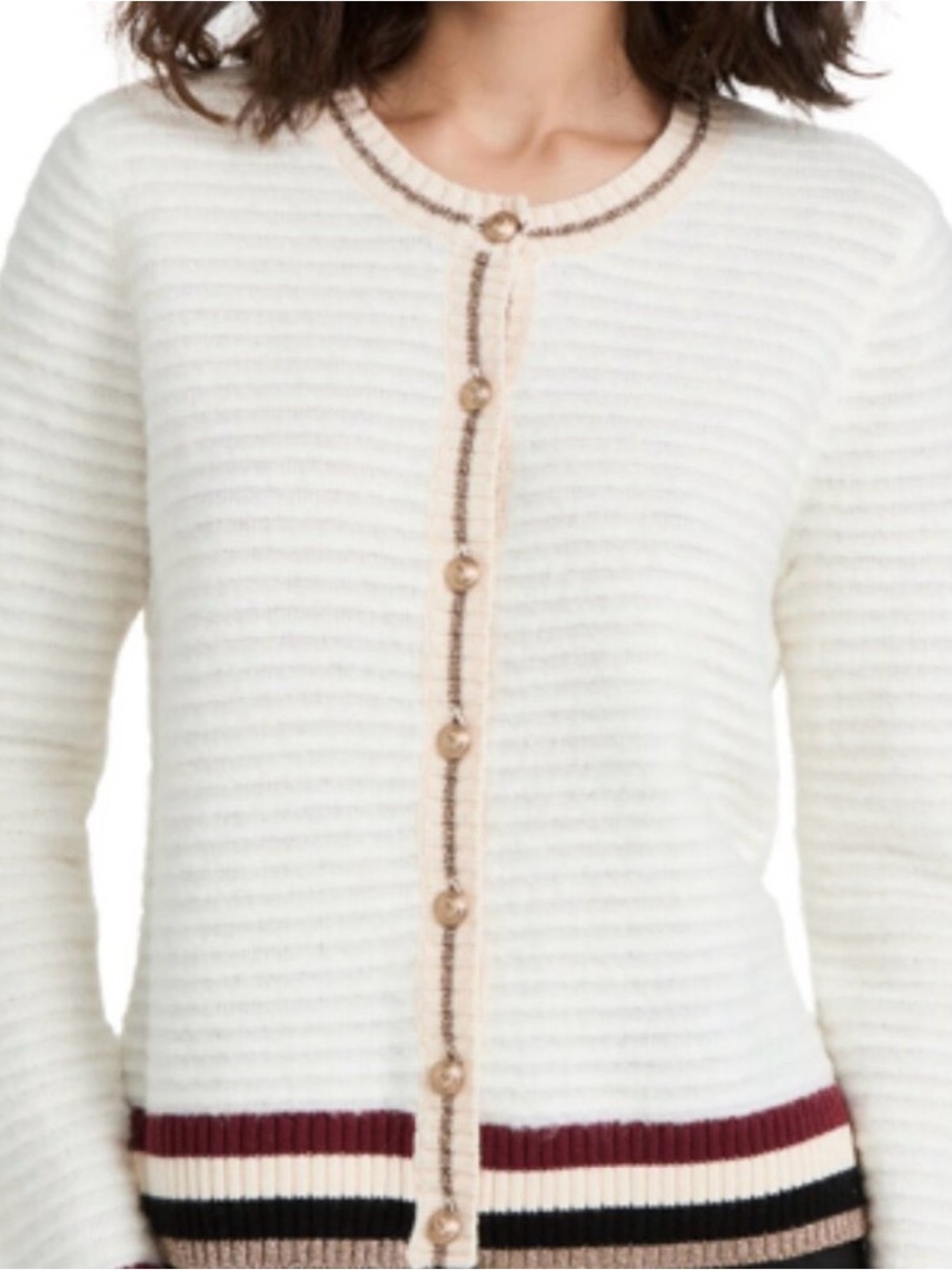 L'AGENCE Cream Textured Open Cardigan with Red and Black Stripe Accents - Picture 2 of 4